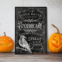Black Raven Apothecary Sign handmade by ToeFishArt. Original, custom, personalized wall decor signs. Canvas, Wood or Metal. Rustic modern farmhouse, cottagecore, vintage, retro, industrial, Americana, primitive, country, coastal, minimalist.