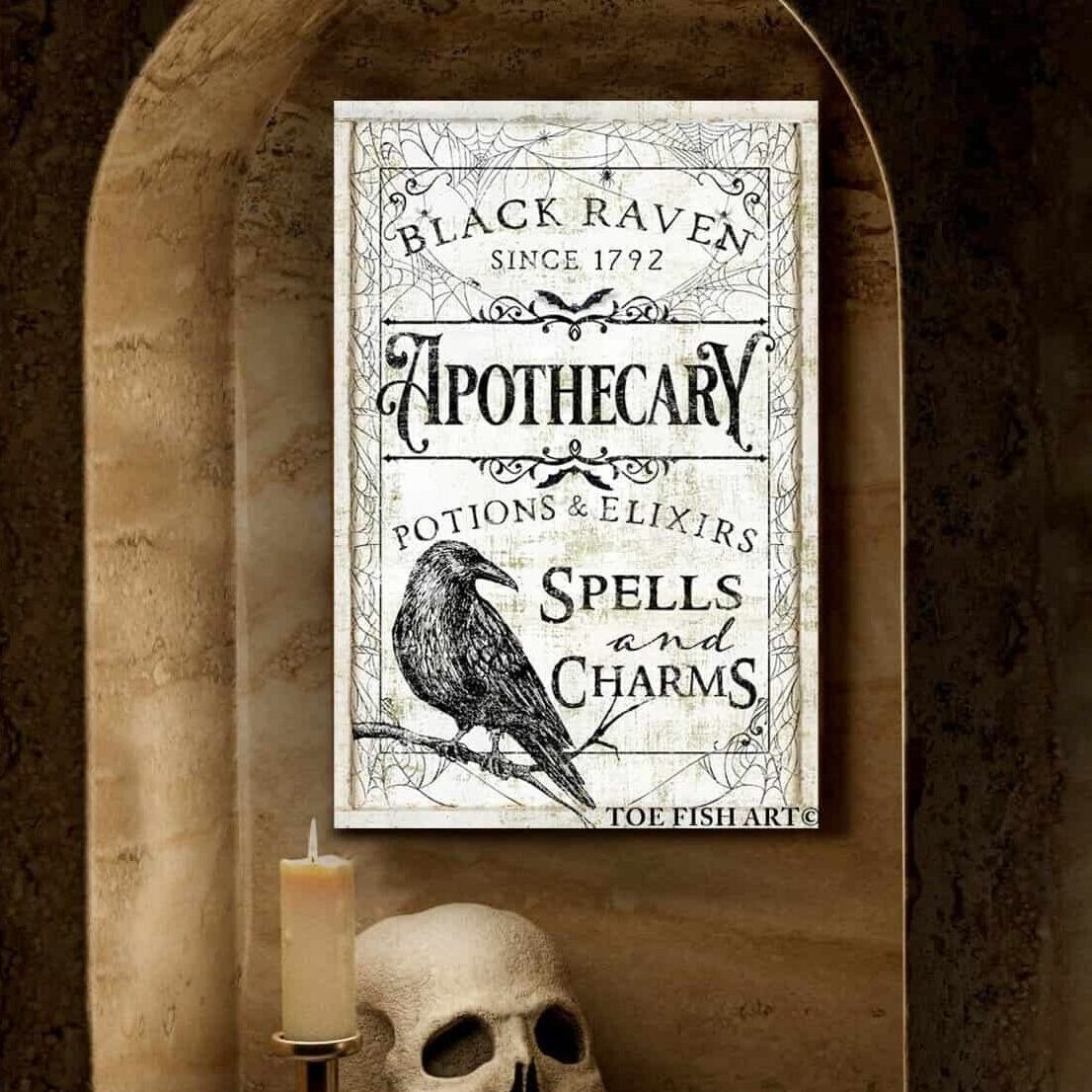 Black Raven Apothecary Sign handmade by ToeFishArt. Original, custom, personalized wall decor signs. Canvas, Wood or Metal. Rustic modern farmhouse, cottagecore, vintage, retro, industrial, Americana, primitive, country, coastal, minimalist.