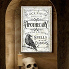 Black Raven Apothecary Sign handmade by ToeFishArt. Original, custom, personalized wall decor signs. Canvas, Wood or Metal. Rustic modern farmhouse, cottagecore, vintage, retro, industrial, Americana, primitive, country, coastal, minimalist.