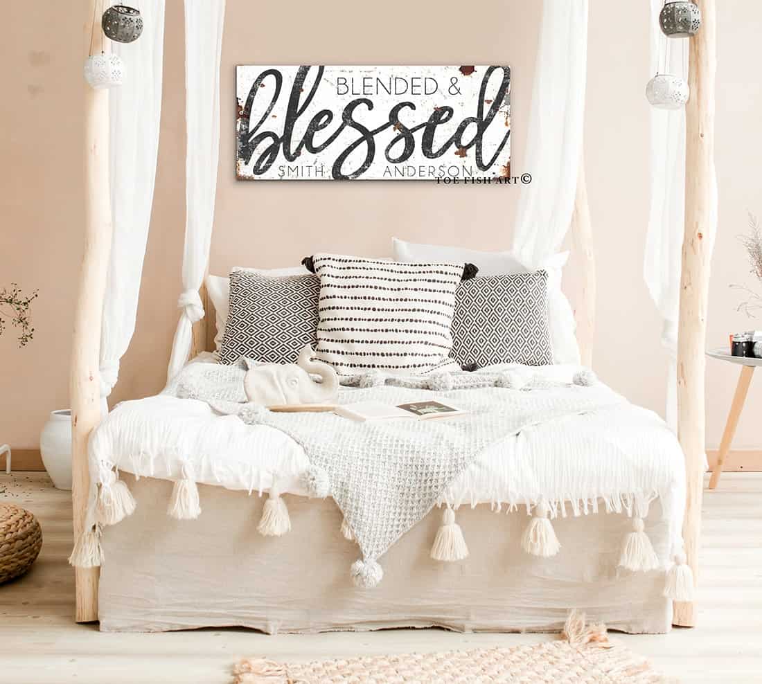 Blended & Blessed Family Sign handmade by ToeFishArt. Original, custom, personalized wall decor signs. Canvas, Wood or Metal. Rustic modern farmhouse, cottagecore, vintage, retro, industrial, Americana, primitive, country, coastal, minimalist.