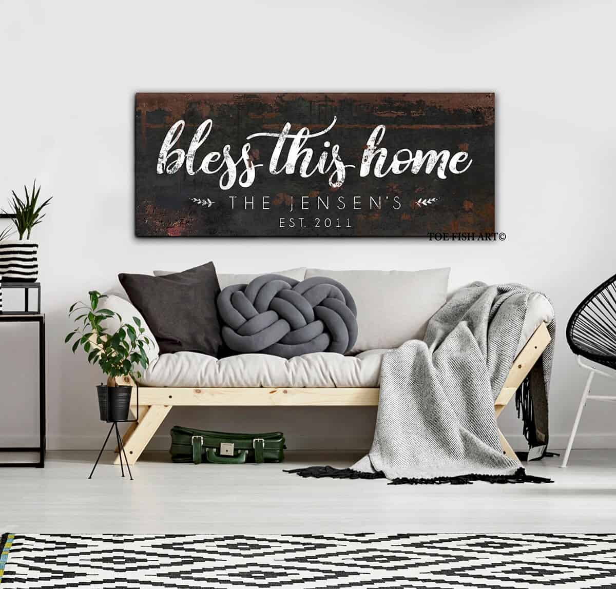 Bless This Home Sign handmade by ToeFishArt. Original, custom, personalized wall decor signs. Canvas, Wood or Metal. Rustic modern farmhouse, cottagecore, vintage, retro, industrial, Americana, primitive, country, coastal, minimalist.