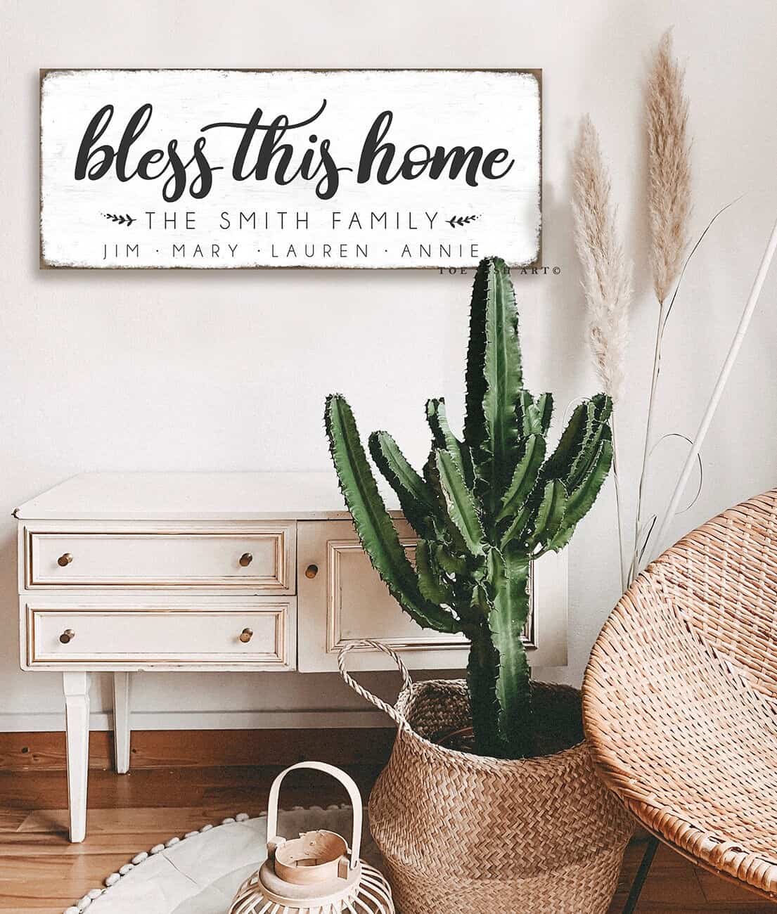 Bless This Home Sign handmade by ToeFishArt. Original, custom, personalized wall decor signs. Canvas, Wood or Metal. Rustic modern farmhouse, cottagecore, vintage, retro, industrial, Americana, primitive, country, coastal, minimalist.