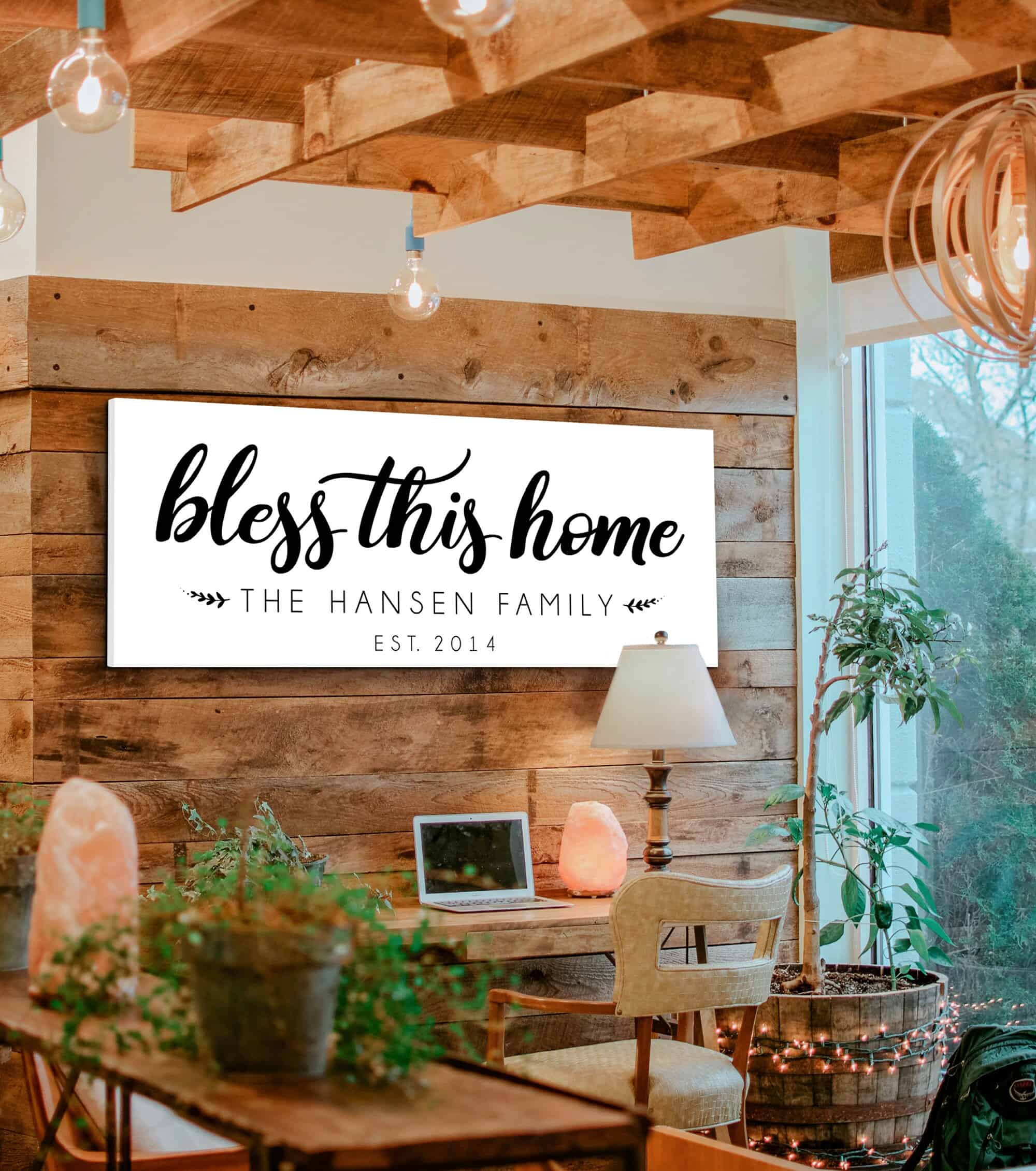 Bless This Home Sign handmade by ToeFishArt. Original, custom, personalized wall decor signs. Canvas, Wood or Metal. Rustic modern farmhouse, cottagecore, vintage, retro, industrial, Americana, primitive, country, coastal, minimalist.