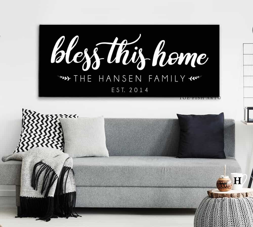 Bless This Home Sign handmade by ToeFishArt. Original, custom, personalized wall decor signs. Canvas, Wood or Metal. Rustic modern farmhouse, cottagecore, vintage, retro, industrial, Americana, primitive, country, coastal, minimalist.