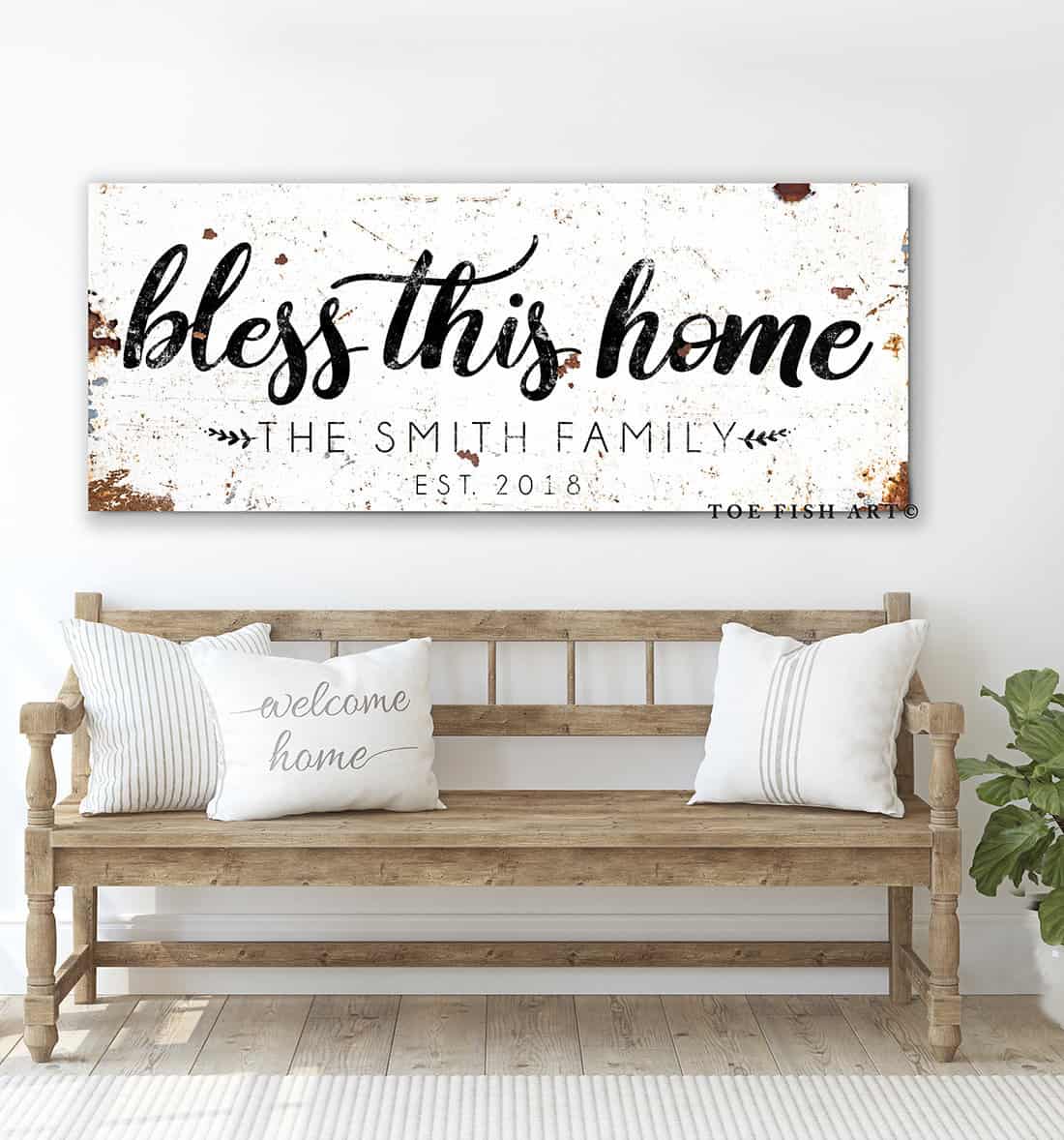 Bless This Home Sign handmade by ToeFishArt. Original, custom, personalized wall decor signs. Canvas, Wood or Metal. Rustic modern farmhouse, cottagecore, vintage, retro, industrial, Americana, primitive, country, coastal, minimalist.