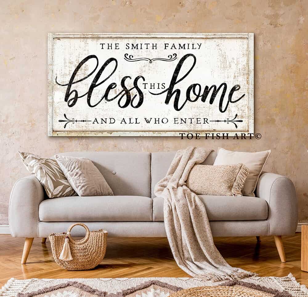 Bless This Home and All Who Enter Sign handmade by ToeFishArt. Original, custom, personalized wall decor signs. Canvas, Wood or Metal. Rustic modern farmhouse, cottagecore, vintage, retro, industrial, Americana, primitive, country, coastal, minimalist.
