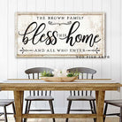 Bless This Home and All Who Enter Sign handmade by ToeFishArt. Original, custom, personalized wall decor signs. Canvas, Wood or Metal. Rustic modern farmhouse, cottagecore, vintage, retro, industrial, Americana, primitive, country, coastal, minimalist.