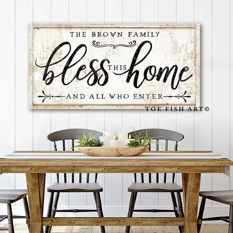 Bless This Home and All Who Enter Sign handmade by ToeFishArt. Original, custom, personalized wall decor signs. Canvas, Wood or Metal. Rustic modern farmhouse, cottagecore, vintage, retro, industrial, Americana, primitive, country, coastal, minimalist.