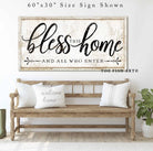 Bless This Home and All Who Enter Sign handmade by ToeFishArt. Original, custom, personalized wall decor signs. Canvas, Wood or Metal. Rustic modern farmhouse, cottagecore, vintage, retro, industrial, Americana, primitive, country, coastal, minimalist.