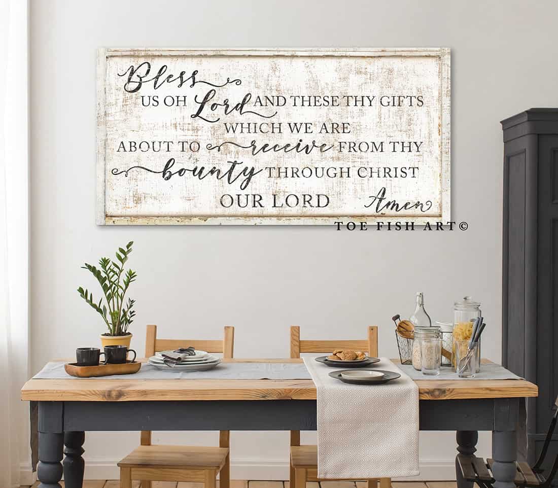 Bless Us Oh Lord Sign handmade by ToeFishArt. Original, custom, personalized wall decor signs. Canvas, Wood or Metal. Rustic modern farmhouse, cottagecore, vintage, retro, industrial, Americana, primitive, country, coastal, minimalist.