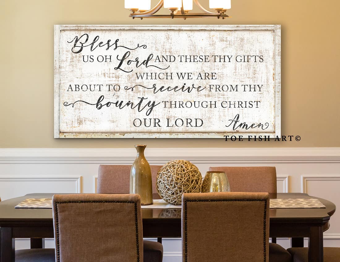 Bless Us Oh Lord Sign handmade by ToeFishArt. Original, custom, personalized wall decor signs. Canvas, Wood or Metal. Rustic modern farmhouse, cottagecore, vintage, retro, industrial, Americana, primitive, country, coastal, minimalist.