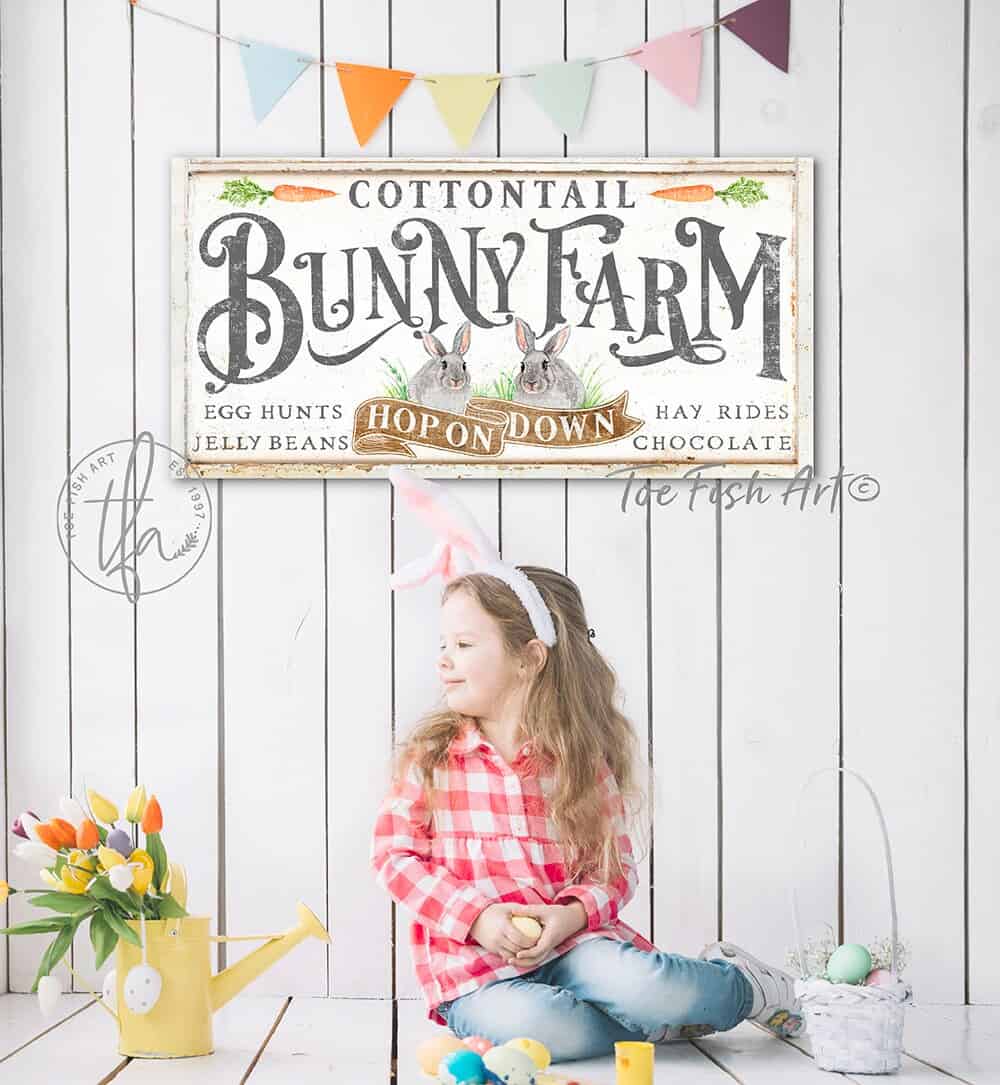 Bunny Farm Sign handmade by ToeFishArt. Original, custom, personalized wall decor signs. Canvas, Wood or Metal. Rustic modern farmhouse, cottagecore, vintage, retro, industrial, Americana, primitive, country, coastal, minimalist.