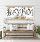 Bunny Farm Sign handmade by ToeFishArt. Original, custom, personalized wall decor signs. Canvas, Wood or Metal. Rustic modern farmhouse, cottagecore, vintage, retro, industrial, Americana, primitive, country, coastal, minimalist.