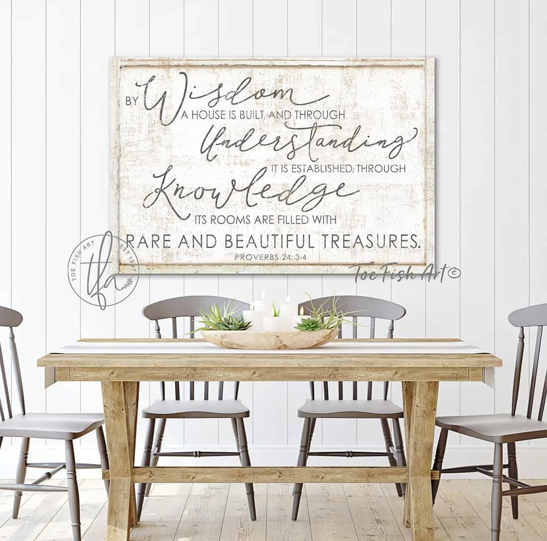 By Wisdom a House is Built Sign handmade by ToeFishArt. Original, custom, personalized wall decor signs. Canvas, Wood or Metal. Rustic modern farmhouse, cottagecore, vintage, retro, industrial, Americana, primitive, country, coastal, minimalist.