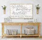By Wisdom a House is Built Sign handmade by ToeFishArt. Original, custom, personalized wall decor signs. Canvas, Wood or Metal. Rustic modern farmhouse, cottagecore, vintage, retro, industrial, Americana, primitive, country, coastal, minimalist.