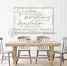 By Wisdom a House is Built Sign handmade by ToeFishArt. Original, custom, personalized wall decor signs. Canvas, Wood or Metal. Rustic modern farmhouse, cottagecore, vintage, retro, industrial, Americana, primitive, country, coastal, minimalist.
