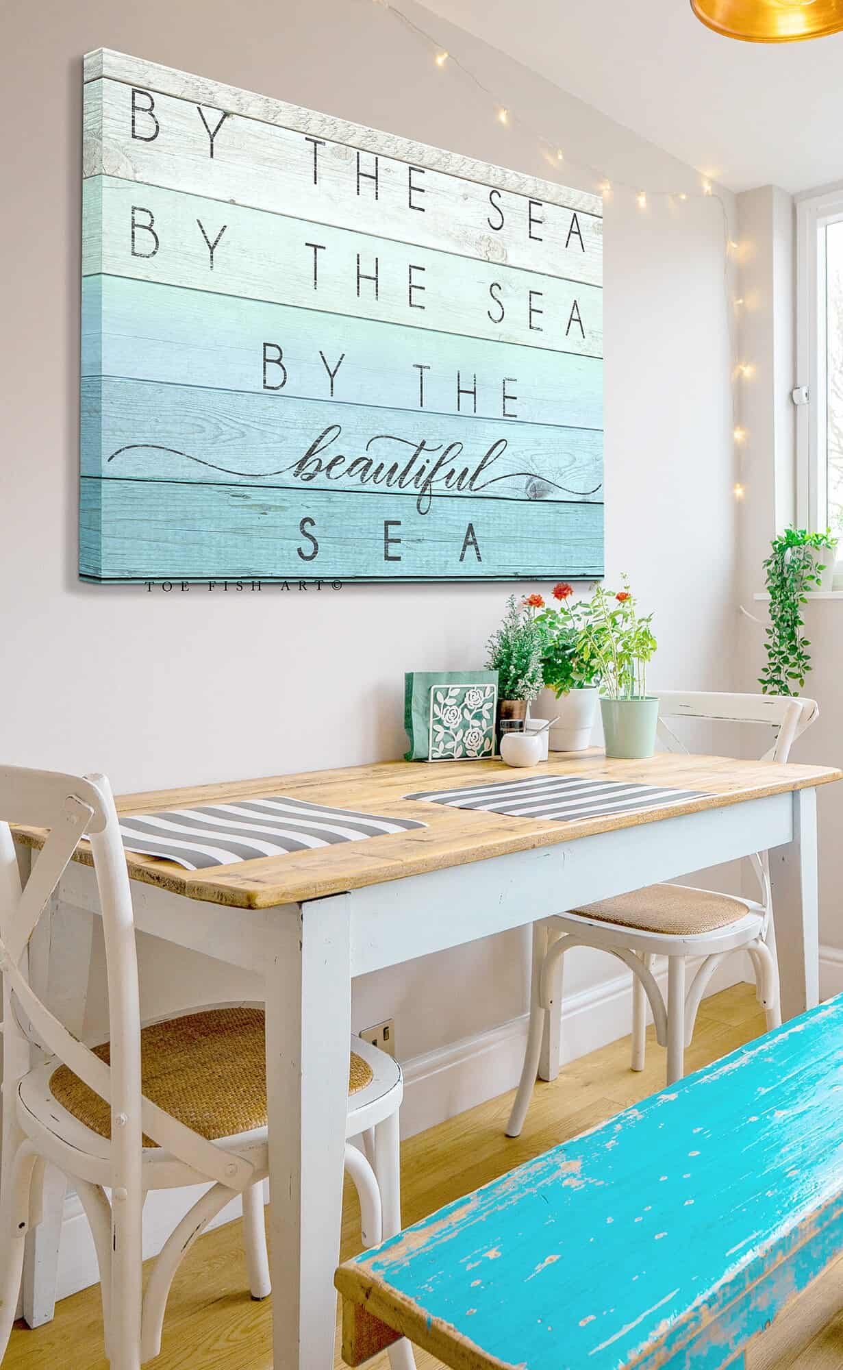 By the Sea Sign handmade by ToeFishArt. Original, custom, personalized wall decor signs. Canvas, Wood or Metal. Rustic modern farmhouse, cottagecore, vintage, retro, industrial, Americana, primitive, country, coastal, minimalist.