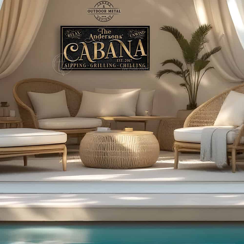 Welcome to the Cabana personalized wall sign by Toe Fish Art in vintage black with rustic gold lettering, available in framed canvas or waterproof outdoor metal, with custom family name and established year, and fun sayings like Relax & Unwind, Sipping-Grilling-Chilling—charming pool, spa, beach, lake, or patio decor handmade in the USA. Ideal for enhancing your outdoor summer decor. Built to last with genuine craftsmanship, this authentic sign adds classic cottage charm and heritage quality to any space.