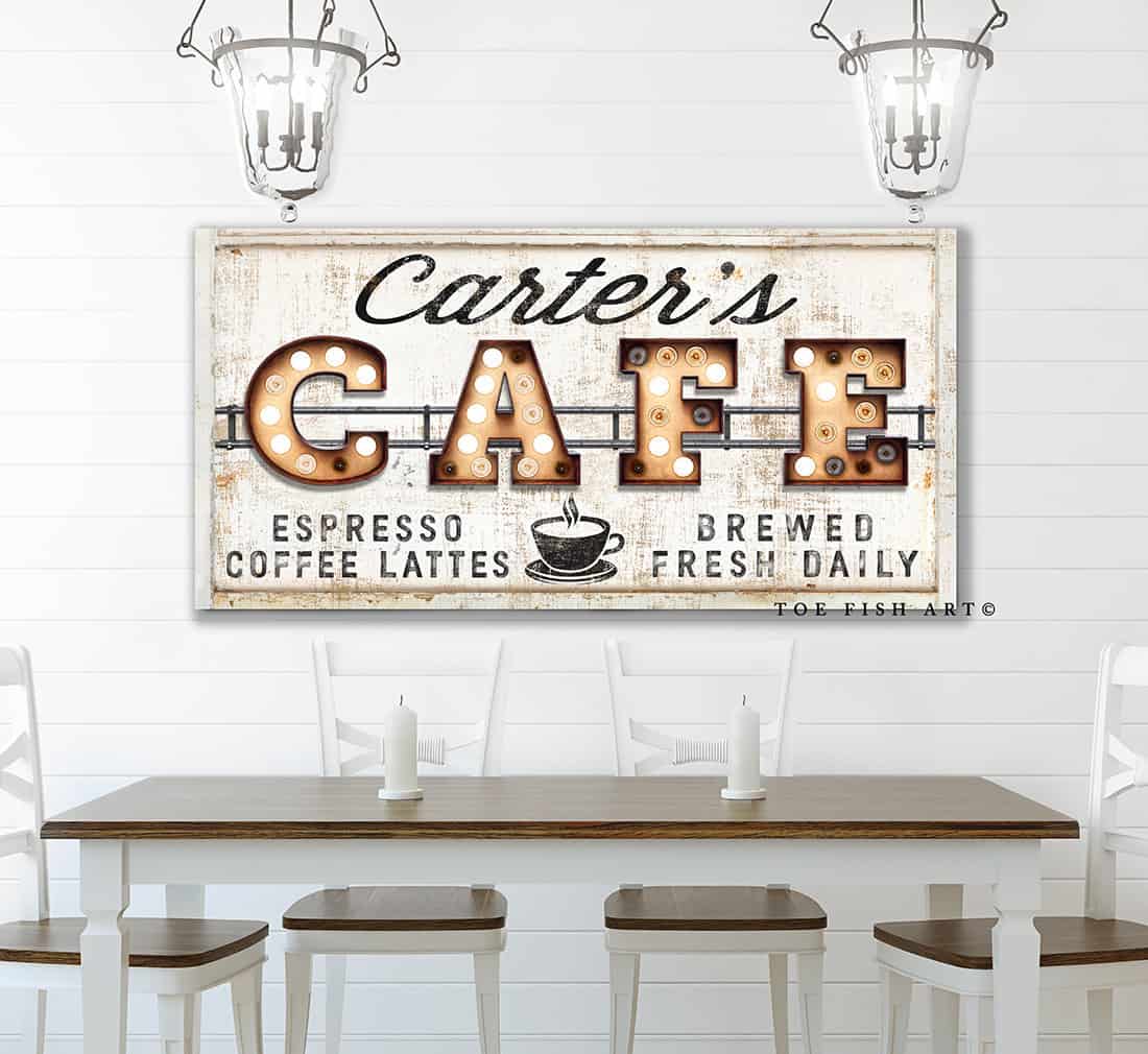 Café "Marquee"-style Sign handmade by ToeFishArt. Original, custom, personalized wall decor signs. Canvas, Wood or Metal. Rustic modern farmhouse, cottagecore, vintage, retro, industrial, Americana, primitive, country, coastal, minimalist.
