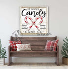 Candy Cane Co. Sign handmade by ToeFishArt. Original, custom, personalized wall decor signs. Canvas, Wood or Metal. Rustic modern farmhouse, cottagecore, vintage, retro, industrial, Americana, primitive, country, coastal, minimalist.