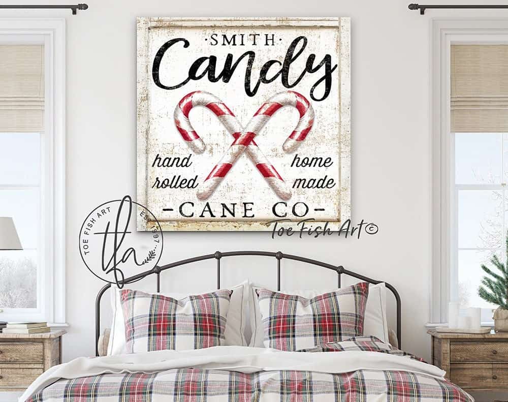 Candy Cane Co. Sign handmade by ToeFishArt. Original, custom, personalized wall decor signs. Canvas, Wood or Metal. Rustic modern farmhouse, cottagecore, vintage, retro, industrial, Americana, primitive, country, coastal, minimalist.