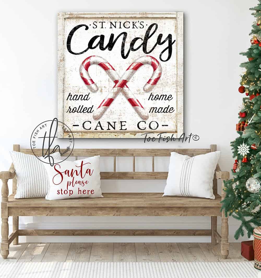 Candy Cane Co. Sign handmade by ToeFishArt. Original, custom, personalized wall decor signs. Canvas, Wood or Metal. Rustic modern farmhouse, cottagecore, vintage, retro, industrial, Americana, primitive, country, coastal, minimalist.