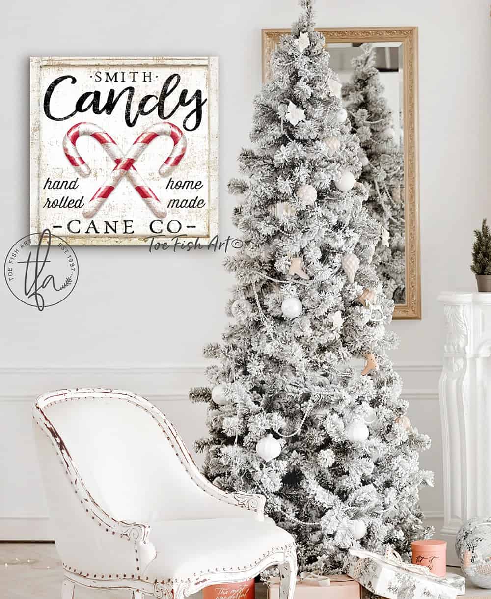 Candy Cane Co. Sign handmade by ToeFishArt. Original, custom, personalized wall decor signs. Canvas, Wood or Metal. Rustic modern farmhouse, cottagecore, vintage, retro, industrial, Americana, primitive, country, coastal, minimalist.