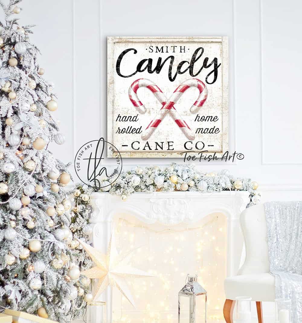 Candy Cane Co. Sign handmade by ToeFishArt. Original, custom, personalized wall decor signs. Canvas, Wood or Metal. Rustic modern farmhouse, cottagecore, vintage, retro, industrial, Americana, primitive, country, coastal, minimalist.