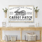Carrot Patch Bunny Cottontail Farm Sign, Easter Spring Decor handmade by ToeFishArt. Original, custom, personalized wall decor signs. Canvas, Wood or Metal. Rustic modern farmhouse, cottagecore, vintage, retro, industrial, Americana, primitive, country, coastal, minimalist.