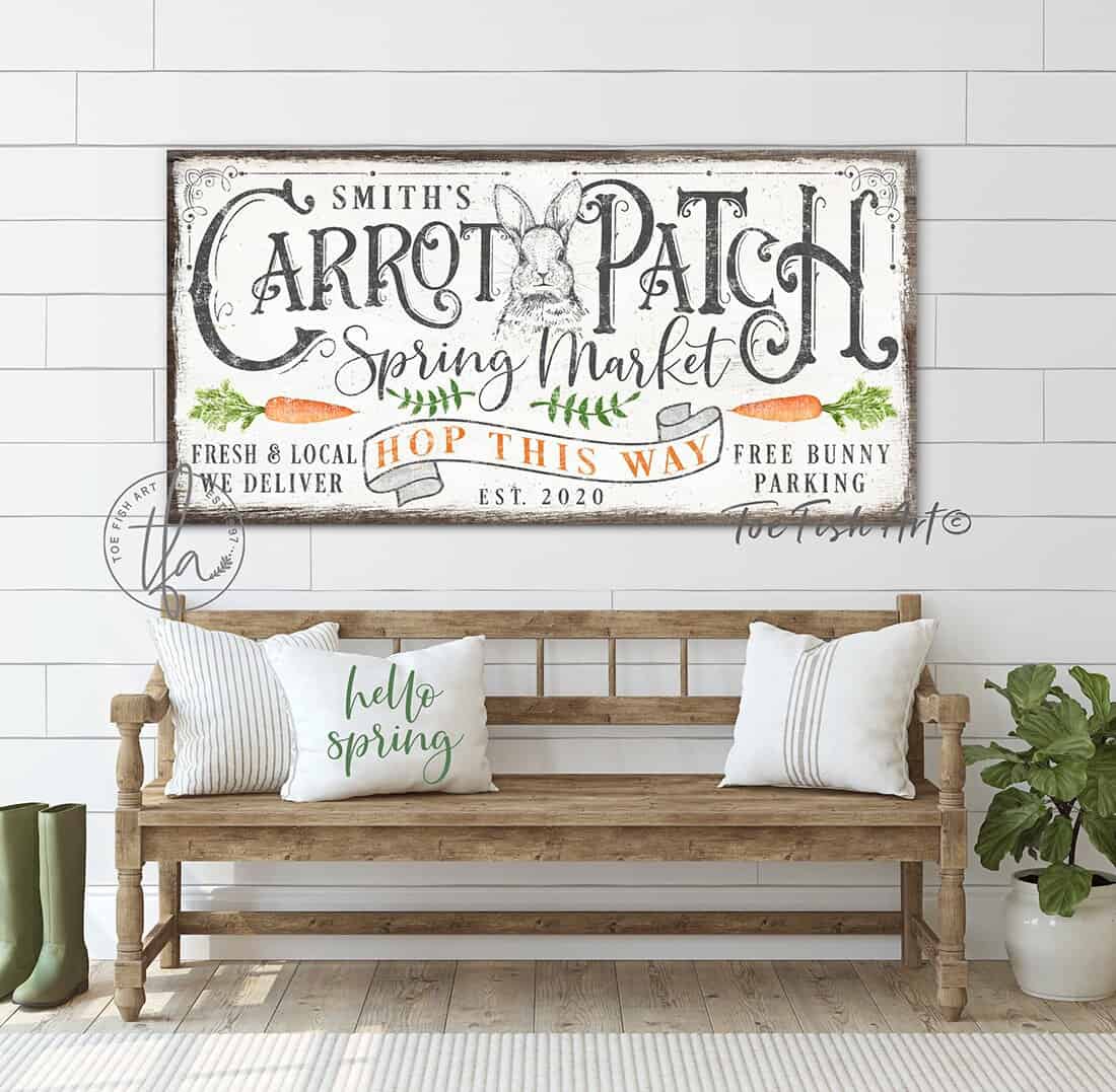 Carrot Patch Sign handmade by ToeFishArt. Original, custom, personalized wall decor signs. Canvas, Wood or Metal. Rustic modern farmhouse, cottagecore, vintage, retro, industrial, Americana, primitive, country, coastal, minimalist.