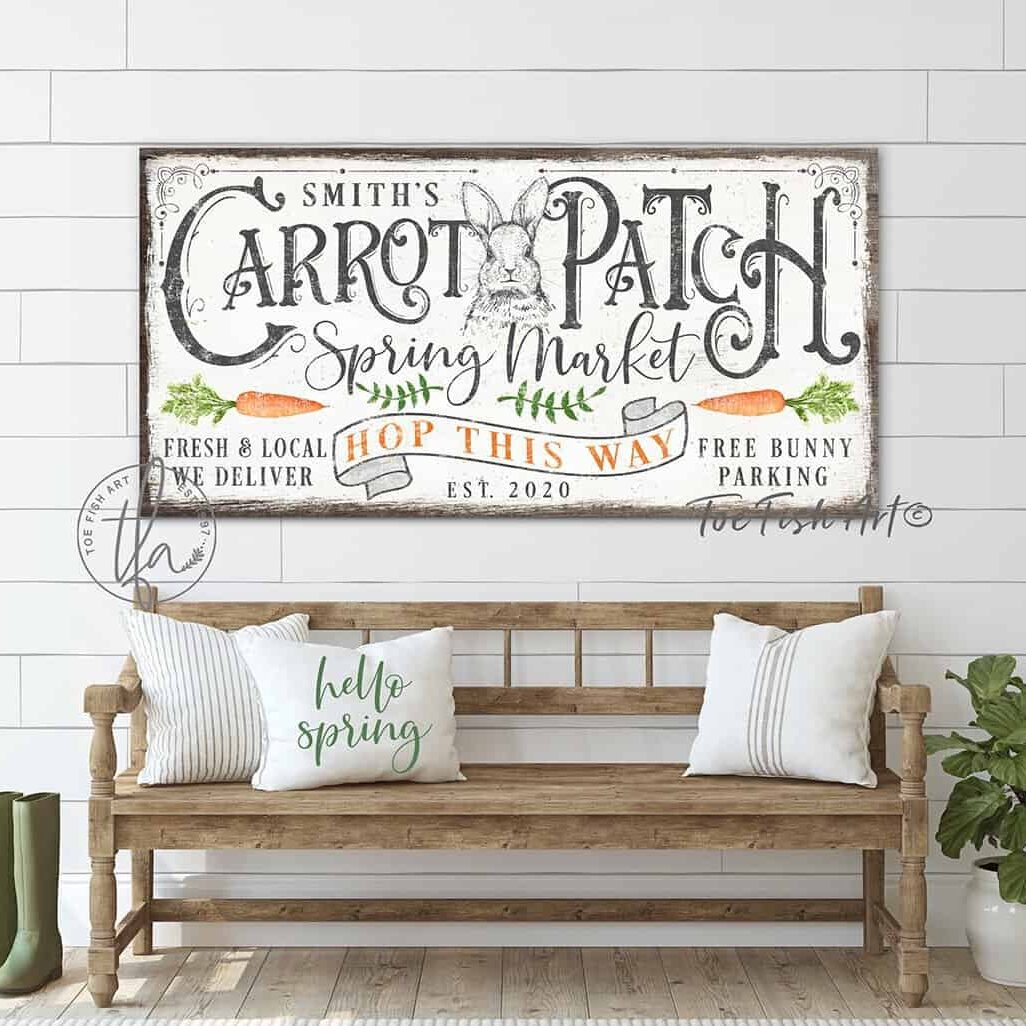Carrot Patch Sign handmade by ToeFishArt. Original, custom, personalized wall decor signs. Canvas, Wood or Metal. Rustic modern farmhouse, cottagecore, vintage, retro, industrial, Americana, primitive, country, coastal, minimalist.