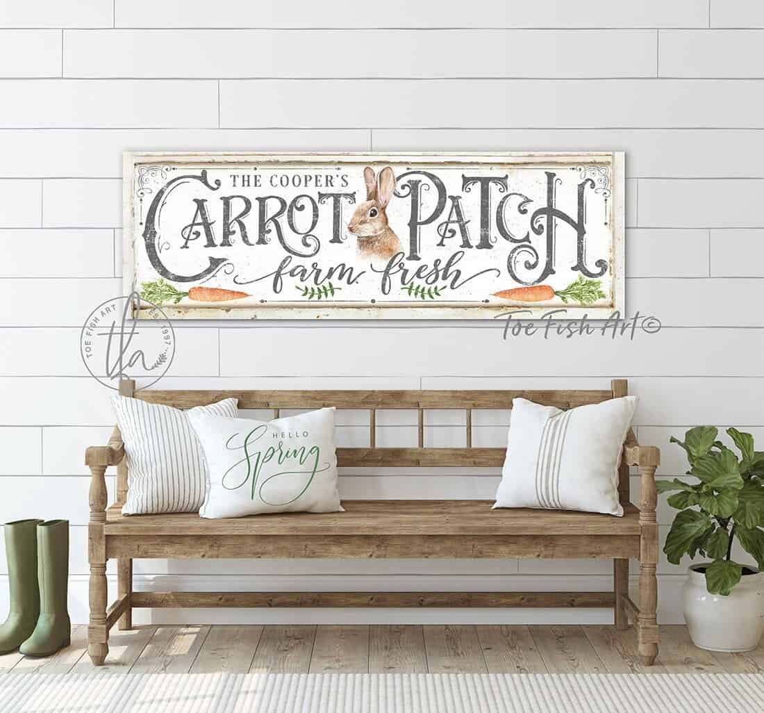 Carrot Patch Sign handmade by ToeFishArt. Original, custom, personalized wall decor signs. Canvas, Wood or Metal. Rustic modern farmhouse, cottagecore, vintage, retro, industrial, Americana, primitive, country, coastal, minimalist.