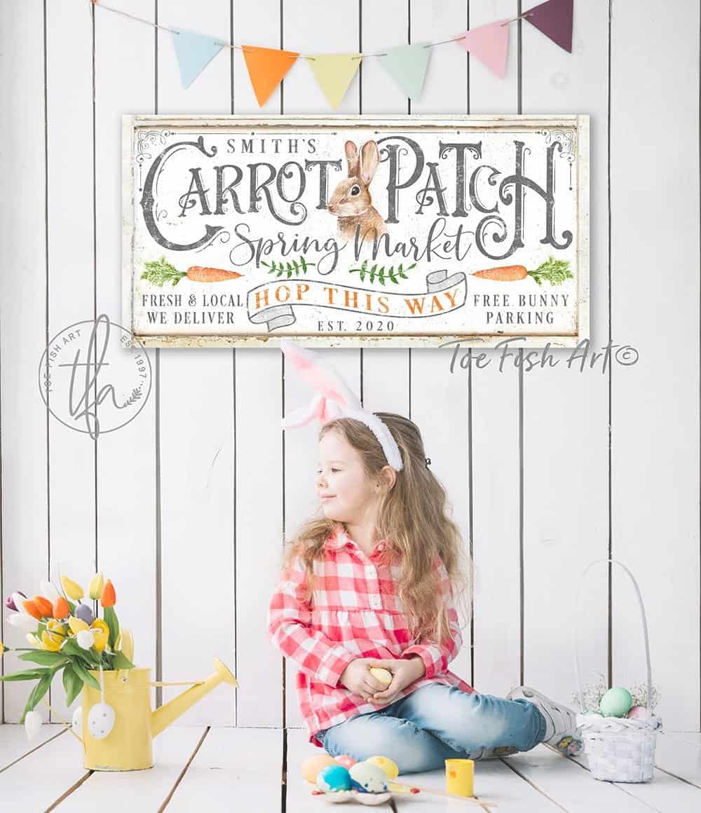 Carrot Patch Sign handmade by ToeFishArt. Original, custom, personalized wall decor signs. Canvas, Wood or Metal. Rustic modern farmhouse, cottagecore, vintage, retro, industrial, Americana, primitive, country, coastal, minimalist.