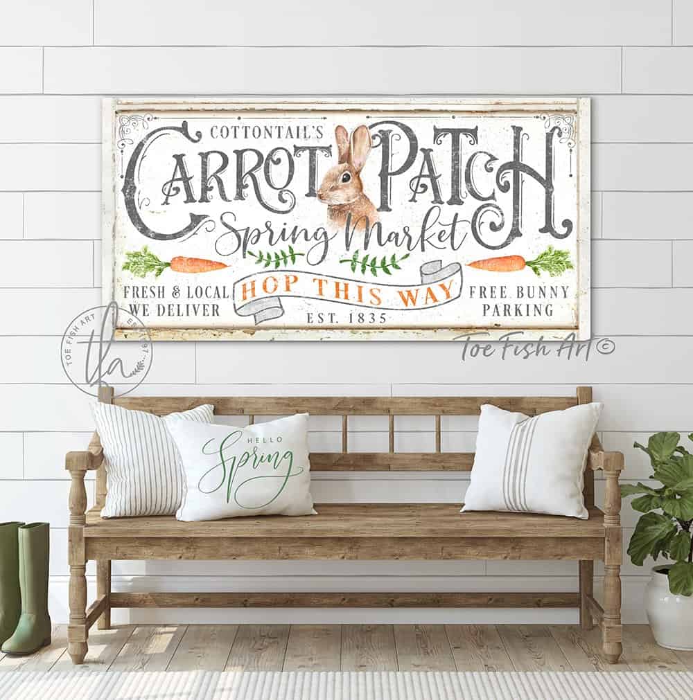 Carrot Patch Sign handmade by ToeFishArt. Original, custom, personalized wall decor signs. Canvas, Wood or Metal. Rustic modern farmhouse, cottagecore, vintage, retro, industrial, Americana, primitive, country, coastal, minimalist.