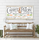 Carrot Patch Sign handmade by ToeFishArt. Original, custom, personalized wall decor signs. Canvas, Wood or Metal. Rustic modern farmhouse, cottagecore, vintage, retro, industrial, Americana, primitive, country, coastal, minimalist.