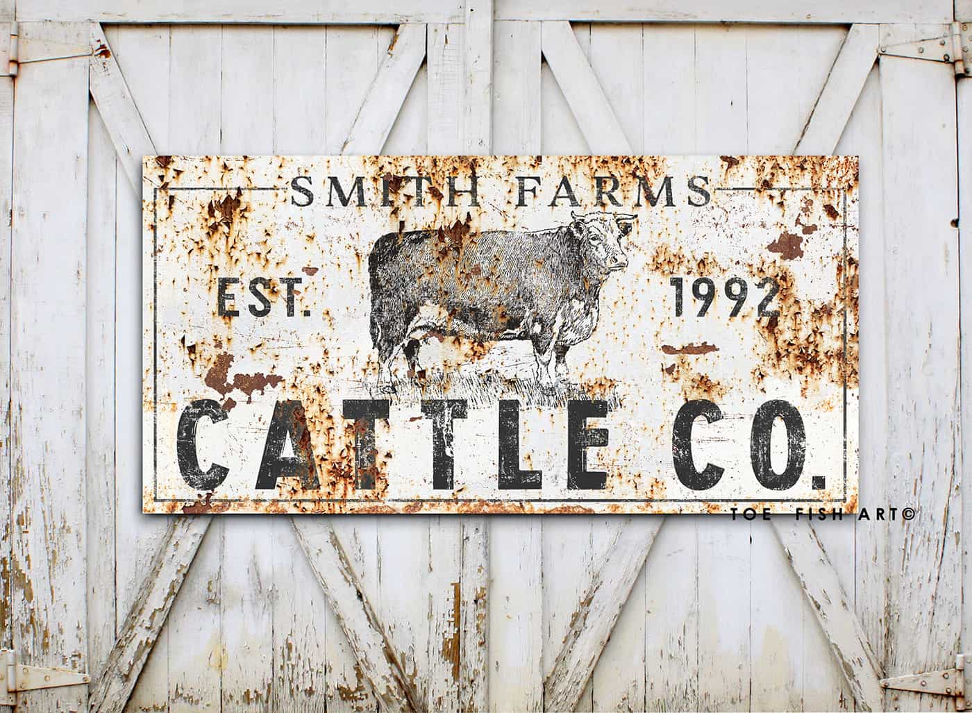 Cattle Co. Sign handmade by ToeFishArt. Original, custom, personalized wall decor signs. Canvas, Wood or Metal. Rustic modern farmhouse, cottagecore, vintage, retro, industrial, Americana, primitive, country, coastal, minimalist.