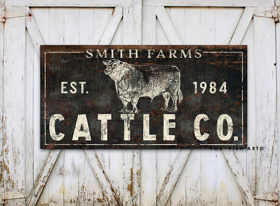 Cattle Co. Sign handmade by ToeFishArt. Original, custom, personalized wall decor signs. Canvas, Wood or Metal. Rustic modern farmhouse, cottagecore, vintage, retro, industrial, Americana, primitive, country, coastal, minimalist.