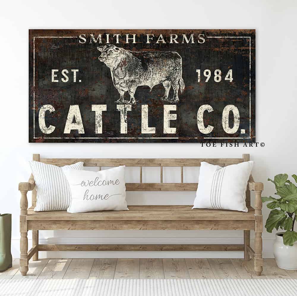 Cattle Co. Sign handmade by ToeFishArt. Original, custom, personalized wall decor signs. Canvas, Wood or Metal. Rustic modern farmhouse, cottagecore, vintage, retro, industrial, Americana, primitive, country, coastal, minimalist.