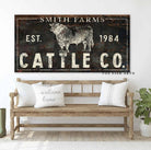 Cattle Co. Sign handmade by ToeFishArt. Original, custom, personalized wall decor signs. Canvas, Wood or Metal. Rustic modern farmhouse, cottagecore, vintage, retro, industrial, Americana, primitive, country, coastal, minimalist.