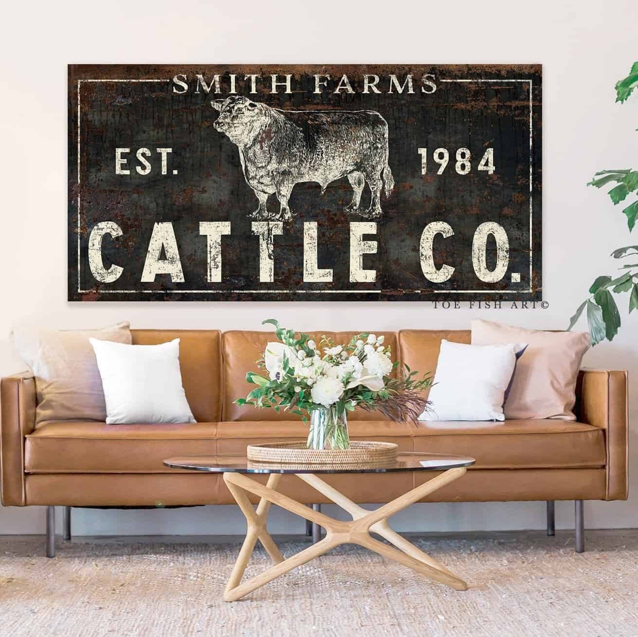 Cattle Co. Sign handmade by ToeFishArt. Original, custom, personalized wall decor signs. Canvas, Wood or Metal. Rustic modern farmhouse, cottagecore, vintage, retro, industrial, Americana, primitive, country, coastal, minimalist.