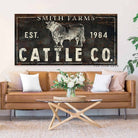 Cattle Co. Sign handmade by ToeFishArt. Original, custom, personalized wall decor signs. Canvas, Wood or Metal. Rustic modern farmhouse, cottagecore, vintage, retro, industrial, Americana, primitive, country, coastal, minimalist.