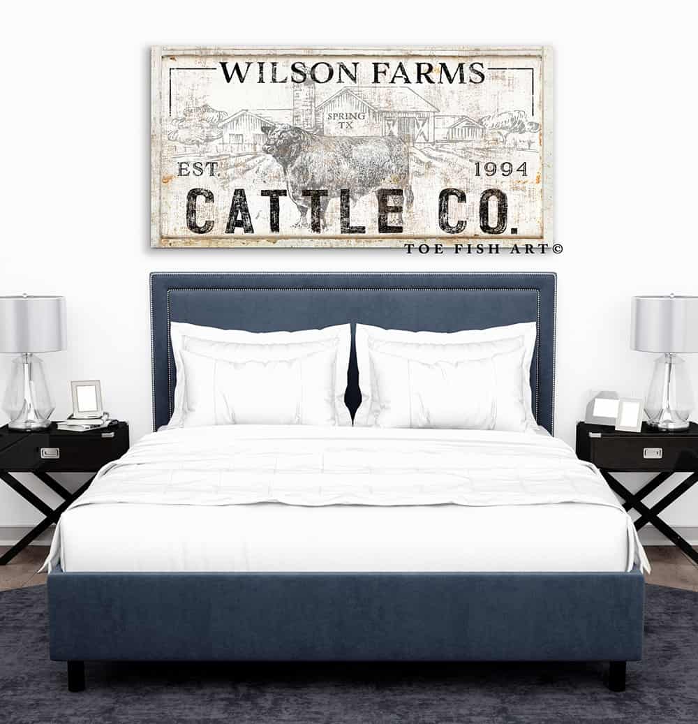 Cattle Co. Sign handmade by ToeFishArt. Original, custom, personalized wall decor signs. Canvas, Wood or Metal. Rustic modern farmhouse, cottagecore, vintage, retro, industrial, Americana, primitive, country, coastal, minimalist.
