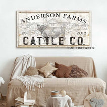 Cattle Co. Sign handmade by ToeFishArt. Original, custom, personalized wall decor signs. Canvas, Wood or Metal. Rustic modern farmhouse, cottagecore, vintage, retro, industrial, Americana, primitive, country, coastal, minimalist.