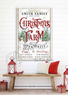 Christmas Farm Open Daily Personalized Family Name Sign holiday decoration handmade by ToeFishArt. Original, custom, personalized wall decor signs. Canvas, Wood or Metal. Rustic modern farmhouse, cottagecore, vintage, retro, industrial, Americana, primitive, country, coastal, minimalist.