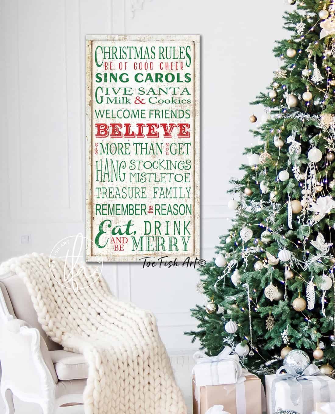Christmas Rules Sign handmade by ToeFishArt. Original, custom, personalized wall decor signs. Canvas, Wood or Metal. Rustic modern farmhouse, cottagecore, vintage, retro, industrial, Americana, primitive, country, coastal, minimalist.