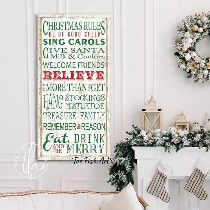 Christmas Rules Sign handmade by ToeFishArt. Original, custom, personalized wall decor signs. Canvas, Wood or Metal. Rustic modern farmhouse, cottagecore, vintage, retro, industrial, Americana, primitive, country, coastal, minimalist.