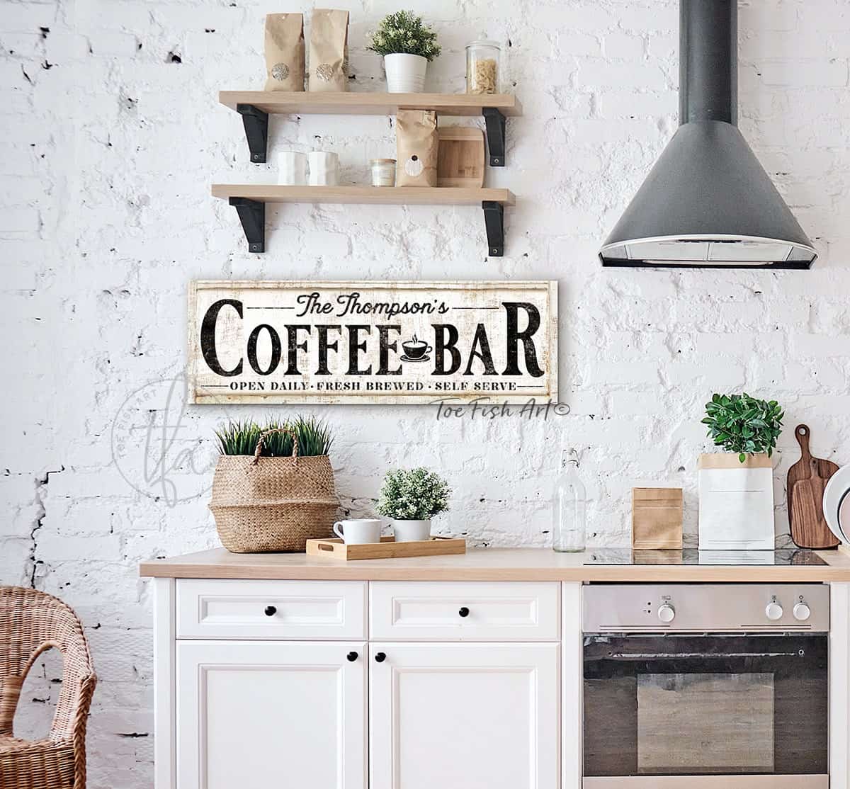 Coffee Bar Sign handmade by ToeFishArt. Original, custom, personalized wall decor signs. Canvas, Wood or Metal. Rustic modern farmhouse, cottagecore, vintage, retro, industrial, Americana, primitive, country, coastal, minimalist.