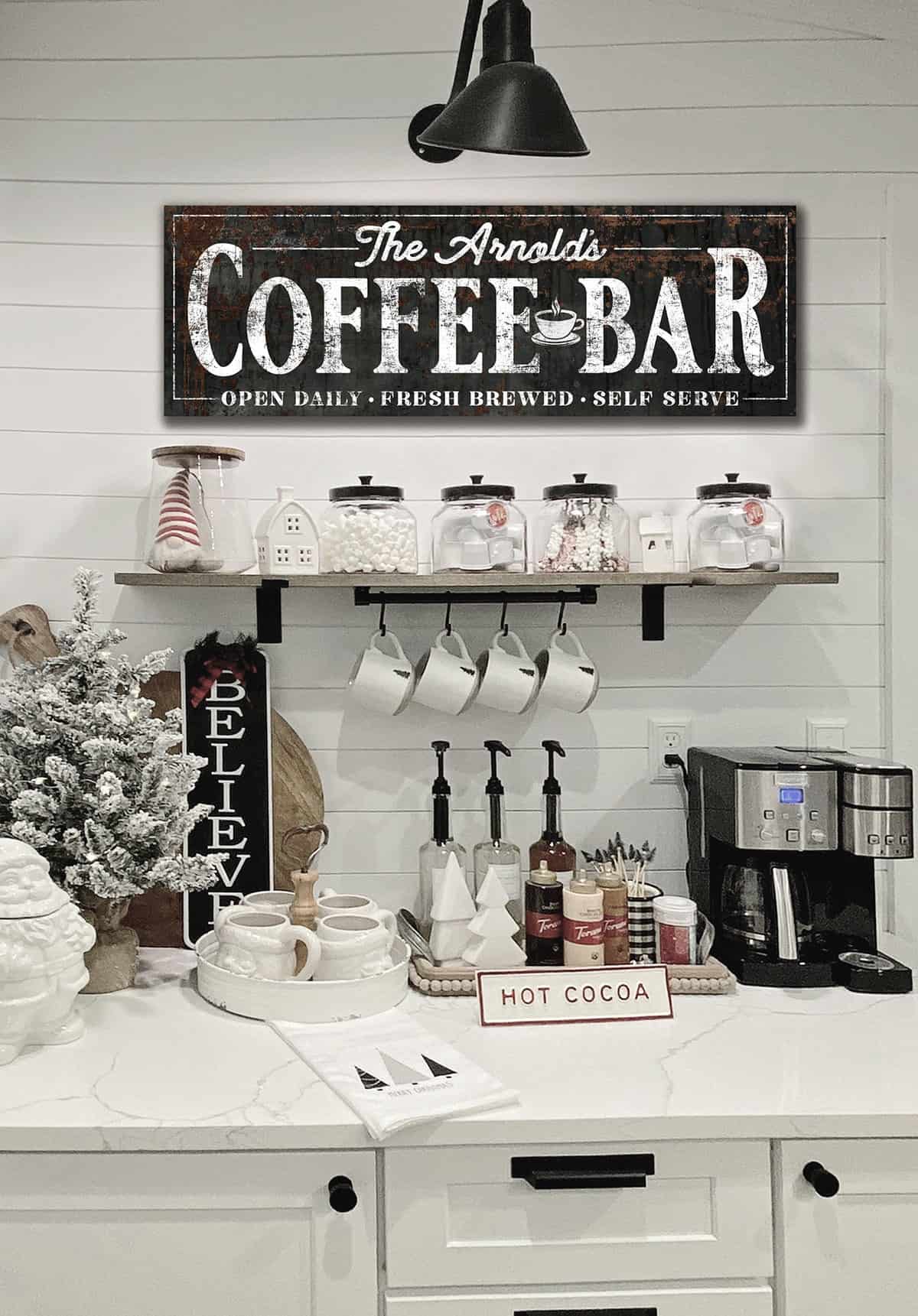 Coffee Bar Sign handmade by ToeFishArt. Original, custom, personalized wall decor signs. Canvas, Wood or Metal. Rustic modern farmhouse, cottagecore, vintage, retro, industrial, Americana, primitive, country, coastal, minimalist.
