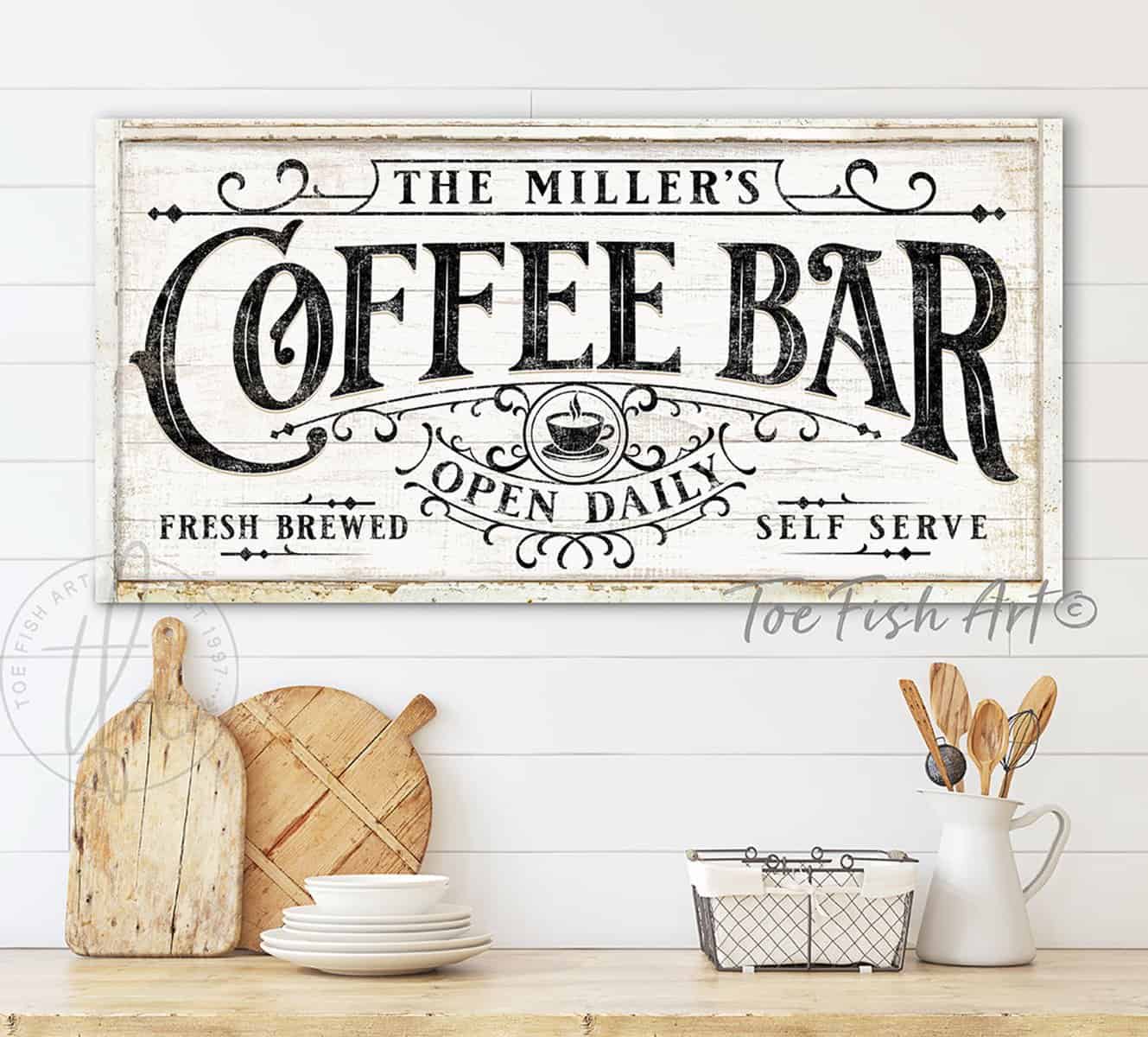Coffee Bar Sign with Personalized Family Name, Fresh Brewed Self Serve Open Daily, Coastal Farmhouse Style Wall Décor handmade by ToeFishArt. Original, custom, personalized wall decor signs. Canvas, Wood or Metal. Rustic modern farmhouse, cottagecore, vintage, retro, industrial, Americana, primitive, country, coastal, minimalist.