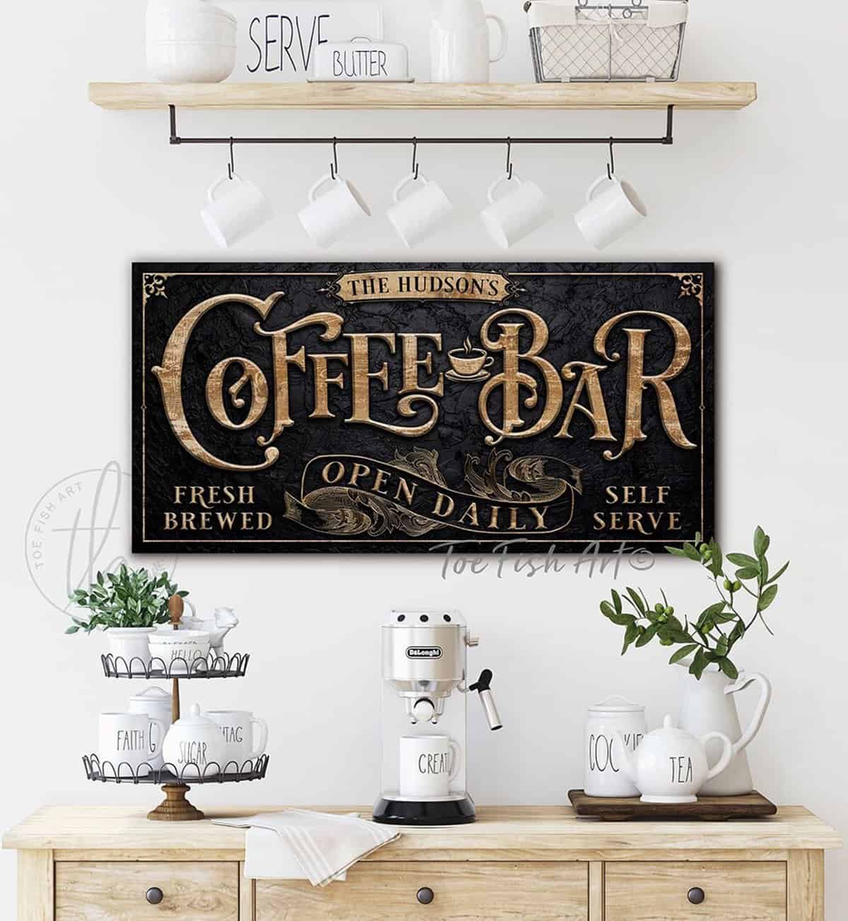 Coffee Bar Sign with Personalized Family Name, Fresh Brewed Self Serve Open Daily, Elegant, Decorative, Vintage Wall Art handmade by ToeFishArt. Original, custom, personalized wall decor signs. Canvas, Wood or Metal. Rustic modern farmhouse, cottagecore, vintage, retro, industrial, Americana, primitive, country, coastal, minimalist.